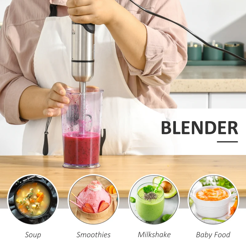 HOMCOM Hand Blender Currys 1000W, 4 In 1 with Measuring Cup, Egg Whisk, Chopper Bowl, Blender for Smoothies