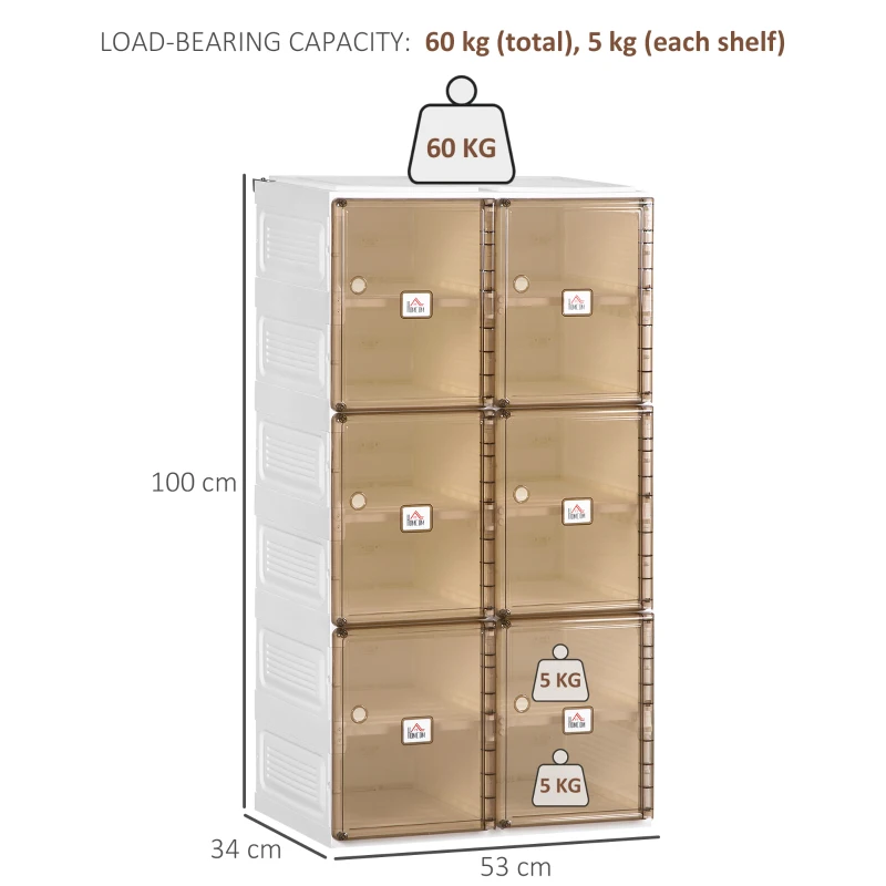 HOMCOM Plastic Shoe Cabinet, Portable Shoe Storage Cabinet with 6 Doors and 12 Cubes for Entryway, Hold up to 12 Pairs, White and Brown
