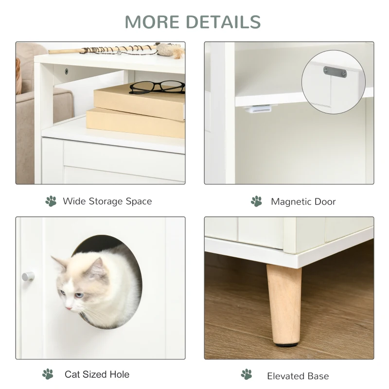 PawHut Cat Litter Box Enclosure  Decorative End Table, Cat Cave House Indoor, Wooden Cabinet with Magnetic Door, Multiple Storage Space White