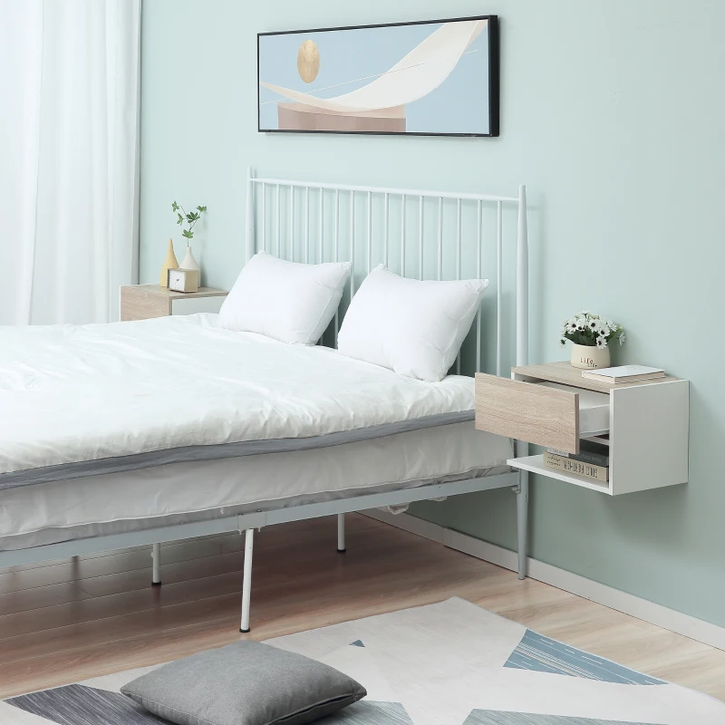 HOMCOM Floating Nightstand Set of 2 Wall Mounted Bedside Table with Storage Drawer Open Shelf for Bedroom