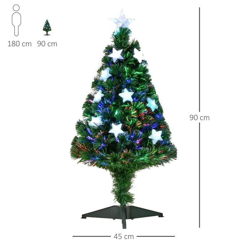 HOMCOM Brad de Crăciun 90cm cu 90 Ramuri din PVC cu Fibră Optică și 12 becuri LED