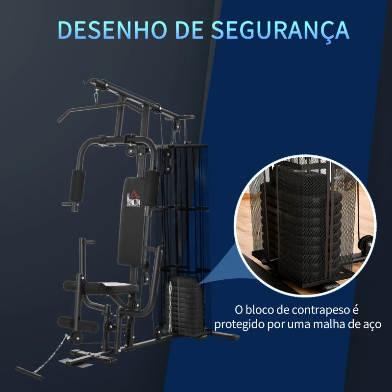 HOMCOM Máquina Multi Estação de Musculação com Placas de Peso de 45kg Carga Máxima 120kg para Treinamento Fitness 150x110x210cm Preto