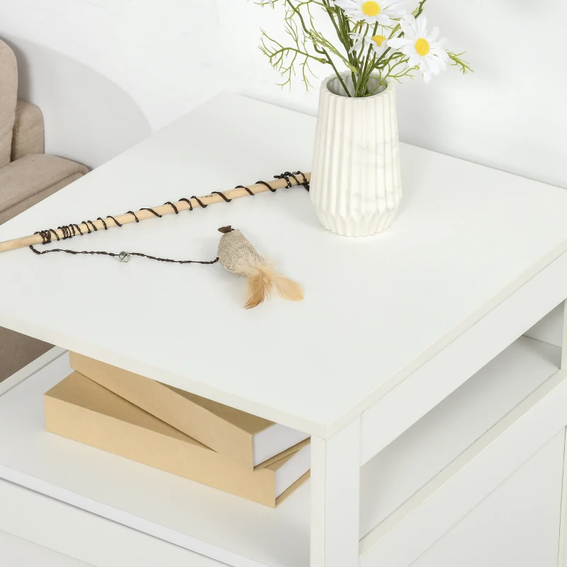 PawHut Cat Litter Box Enclosure  Decorative End Table, Cat Cave House Indoor, Wooden Cabinet with Magnetic Door, Multiple Storage Space White