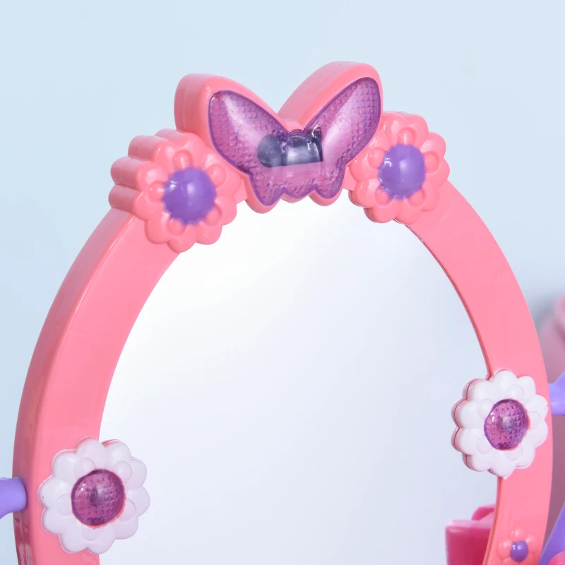 HOMCOM Kids Pretend Vanity Table with Stool, Beauty Pretend Play Set, Princess Dressing Table, with Mirror Lights Music & Makeup Accessories for Girls 3 Years Old Pink