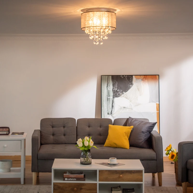 HOMCOM Modern Crystal Chandelier Flush Mount Ceiling Light with Drum Shade, 40cm, for Living Room, Bedroom, Dining Room, Silver