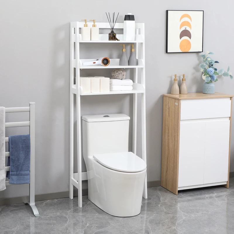kleankin Estantería sobre Inodoro WC Mueble de 3 Niveles Estante de Almacenamiento para Baño 63,5x28x156,2 cm Blanco
