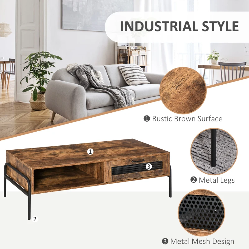HOMCOM Industrial Coffee Table with Storage, Centre Table with Mesh Drawer, Open Shelf and Metal Legs for Living Room, Rustic Brown