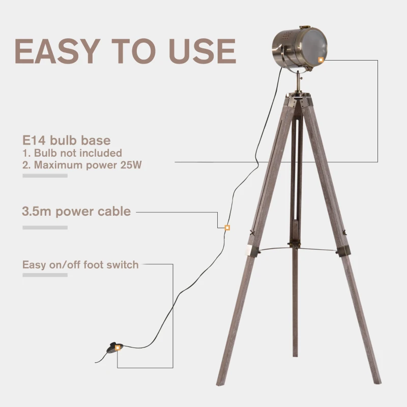 HOMCOM Industrial Tripod Floor Lamp for Living Room, Bedroom, Nautical Searchlight with Adjustable Height, Wood Legs, E12 Lamp Base, Grey and Bronze