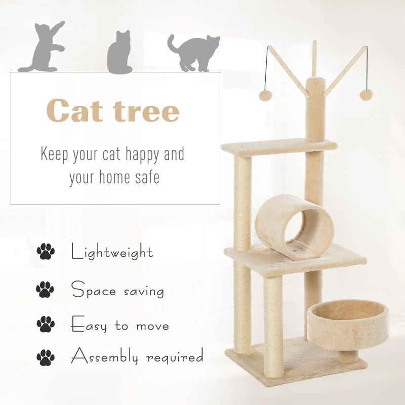 PawHut Spatiu de joaca cu suprafata de zgariat pentru pisici cu activitati multiple minge hamac din sisal plus 121cm