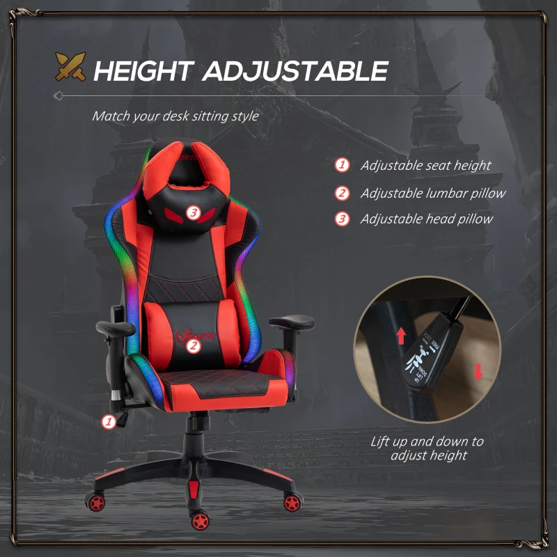 Vinsetto Reclining Gaming Chair with LED Lights, Ergonomic, Lumbar Support, Adjustable Armrest