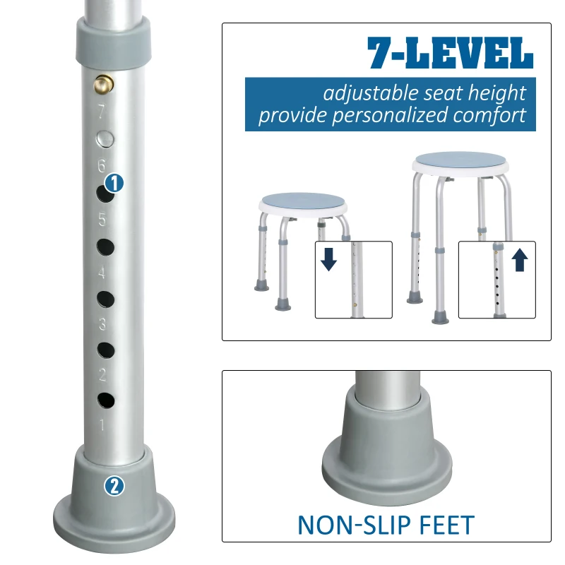 HOMCOM 360° Swivel Shower Chair, Height Adjustable Aluminium Shower Stool with Non-Slip Feet for Disabled, Elderly, Blue