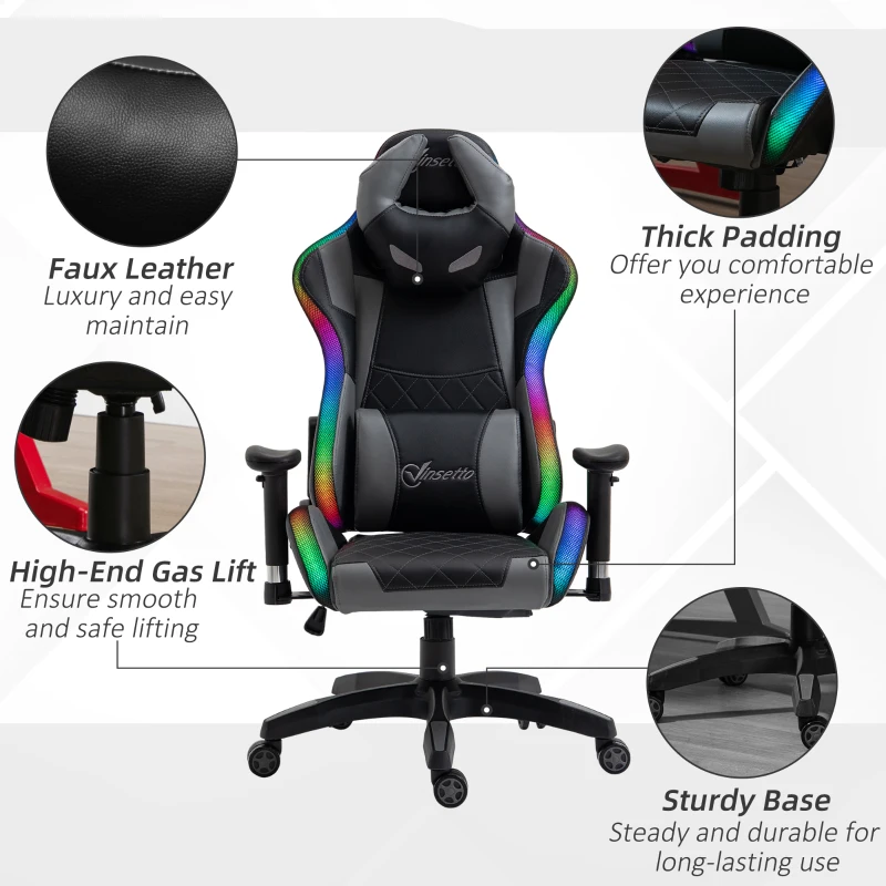 Vinsetto Ergonomic Gaming Chair with RGB LED Light, Lumbar Support, Gamer Recliner, Grey