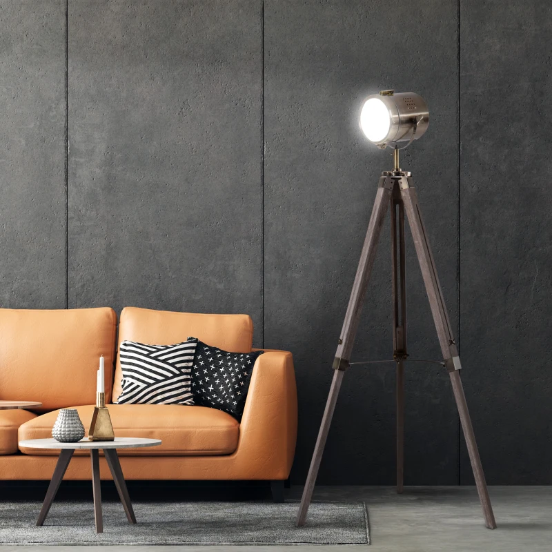 HOMCOM Industrial Tripod Floor Lamp for Living Room, Bedroom, Nautical Searchlight with Adjustable Height, Wood Legs, E12 Lamp Base, Grey and Bronze