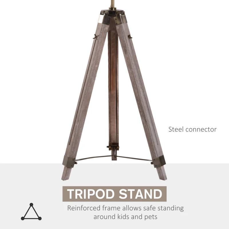 HOMCOM Industrial Tripod Floor Lamp for Living Room, Bedroom, Nautical Searchlight with Adjustable Height, Wood Legs, E12 Lamp Base, Grey and Bronze
