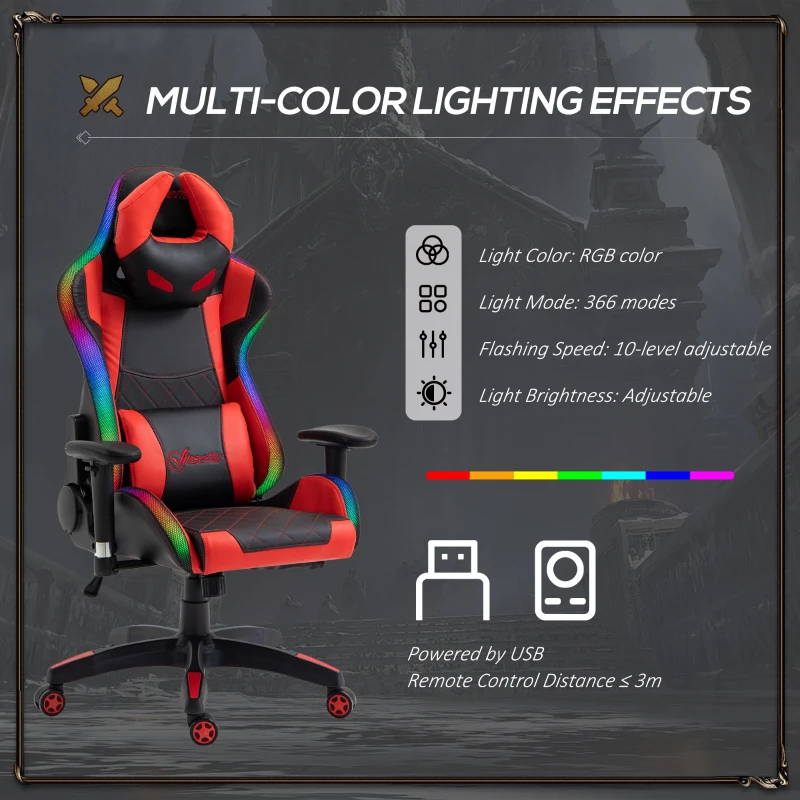 Vinsetto Reclining Gaming Chair with LED Lights, Ergonomic, Lumbar Support, Adjustable Armrest