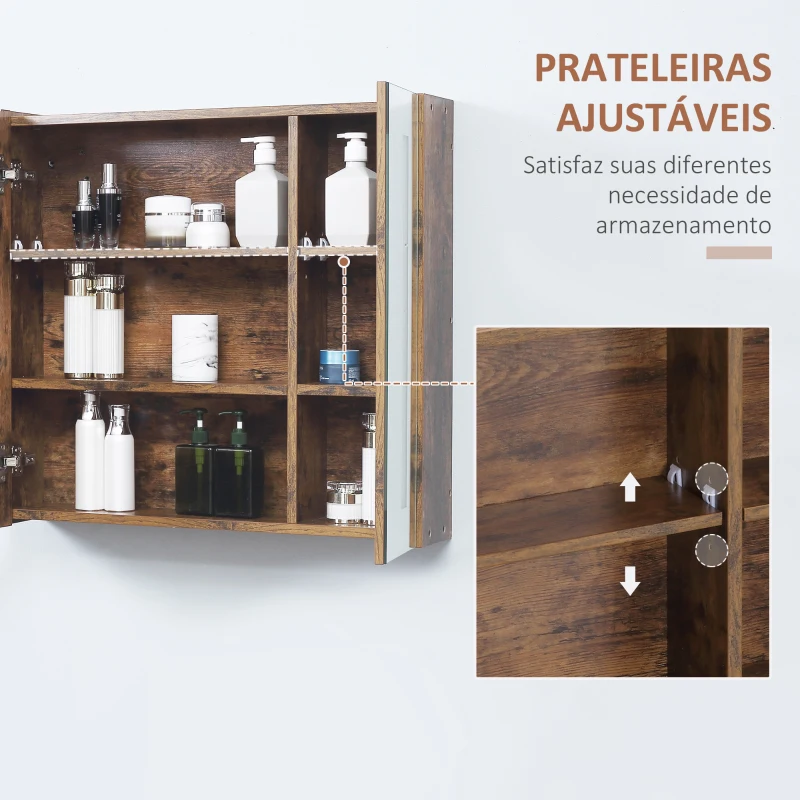 kleankin Armário com Espelho de Casa de Banho com Luz LED Suspenso 2 Portas e Interruptor Tátil Estilo Moderno 70x15x65cm Marrom Rústico