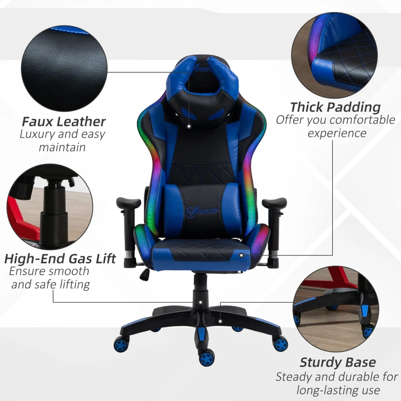 Vinsetto Ergonomic Gaming Chair with RGB LED Light, Lumbar Support, Gamer Recliner, Blue
