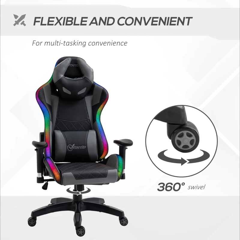 Vinsetto Ergonomic Gaming Chair with RGB LED Light, Lumbar Support, Gamer Recliner, Grey