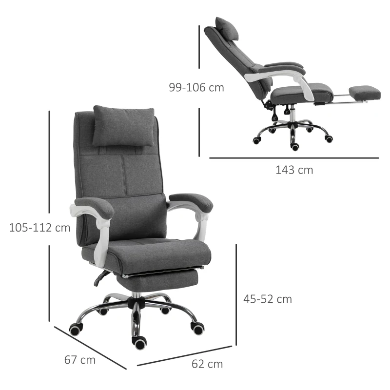HOMCOM Fauteuil de Bureau Chaise de Bureau Ergonomique avec Repose-Pieds Rétractable, Dossier inclinable, tétière et Soutien des Lombaires, Réglable en Hauteur, en tissu Gris