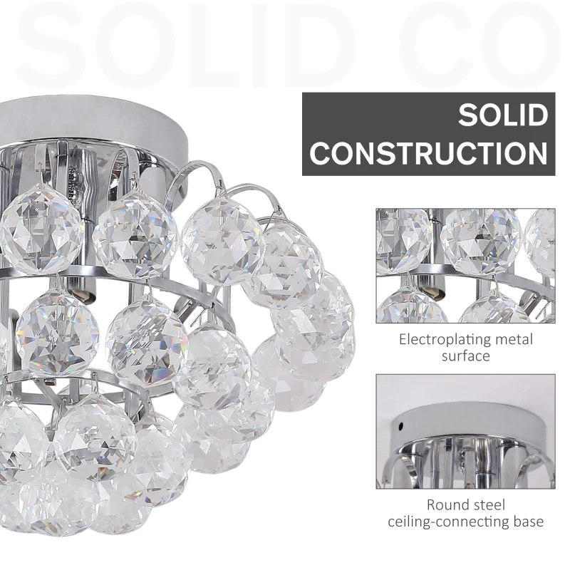HOMCOM Modern Crystal Chandelier Flush Mount Ceiling Light Fitting Crystal Droplets Effect Round, D30cm-Silver