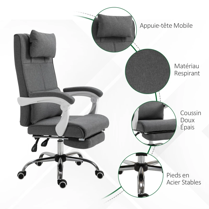 HOMCOM Fauteuil de Bureau Chaise de Bureau Ergonomique avec Repose-Pieds Rétractable, Dossier inclinable, tétière et Soutien des Lombaires, Réglable en Hauteur, en tissu Gris