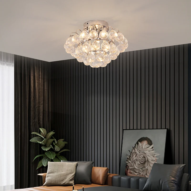 HOMCOM Modern Crystal Chandelier Flush Mount Ceiling Light Fitting Crystal Droplets Effect Round, D30cm-Silver