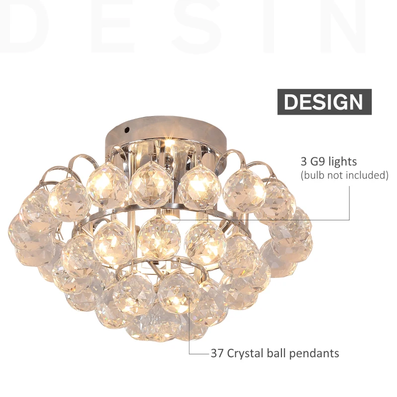 HOMCOM Modern Crystal Chandelier Flush Mount Ceiling Light Fitting Crystal Droplets Effect Round, D30cm-Silver