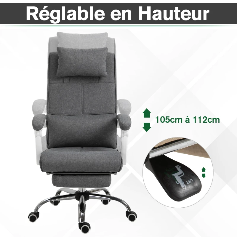 HOMCOM Fauteuil de Bureau Chaise de Bureau Ergonomique avec Repose-Pieds Rétractable, Dossier inclinable, tétière et Soutien des Lombaires, Réglable en Hauteur, en tissu Gris