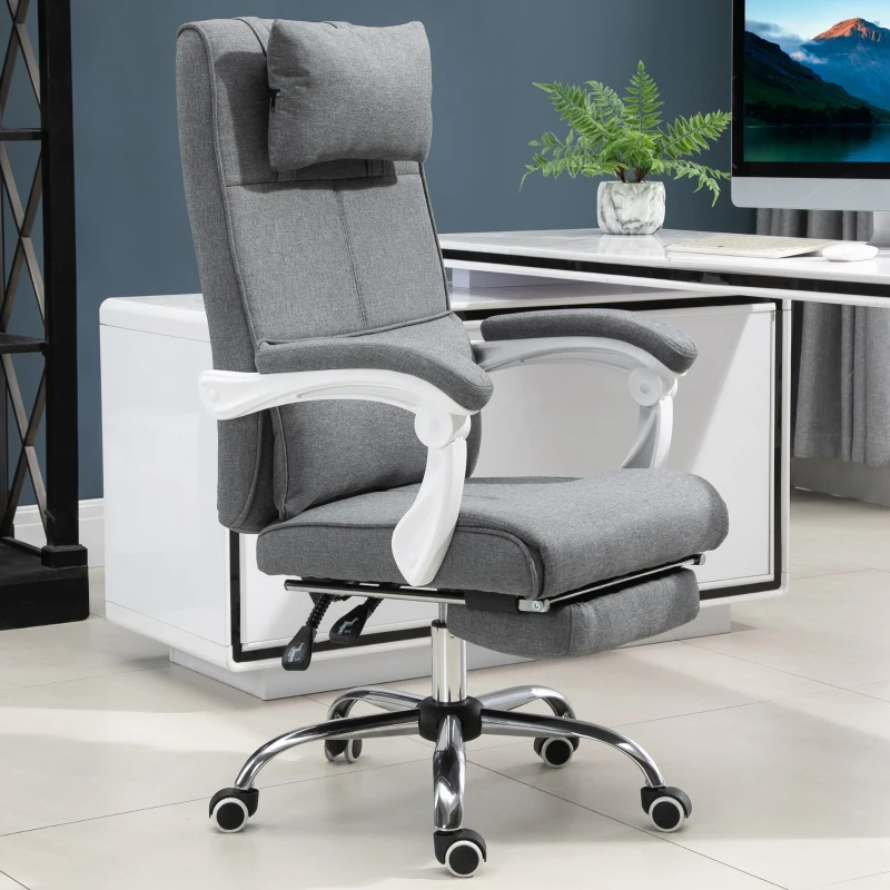 HOMCOM Fauteuil de Bureau Chaise de Bureau Ergonomique avec Repose-Pieds Rétractable, Dossier inclinable, tétière et Soutien des Lombaires, Réglable en Hauteur, en tissu Gris