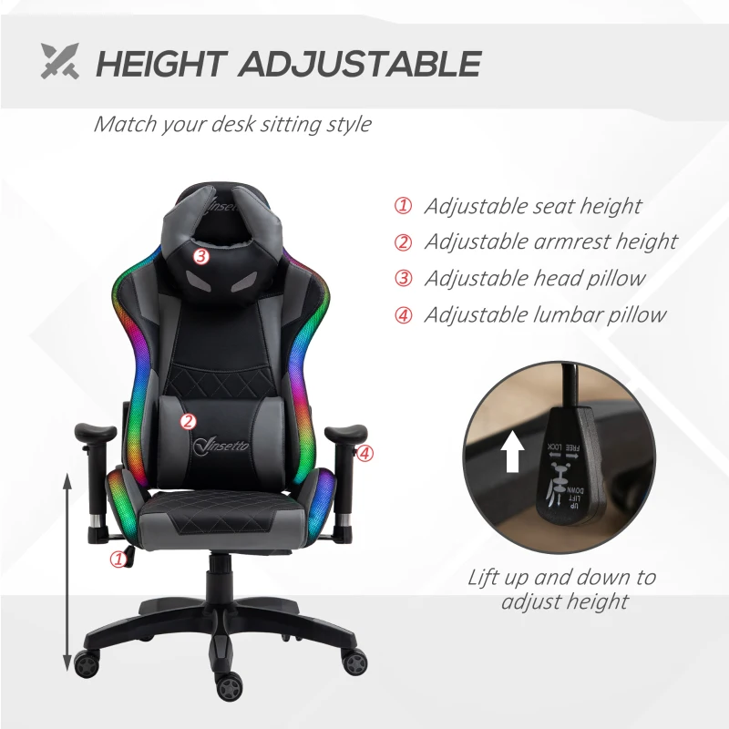 Vinsetto Ergonomic Gaming Chair with RGB LED Light, Lumbar Support, Gamer Recliner, Grey