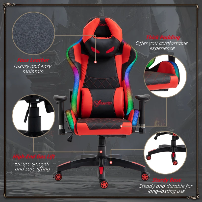 Vinsetto Reclining Gaming Chair with LED Lights, Ergonomic, Lumbar Support, Adjustable Armrest