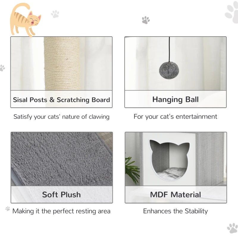 PawHut Centru de activitati pentru pisici cu suprafata de zgariat cusca minge cosulet suspendat gri
