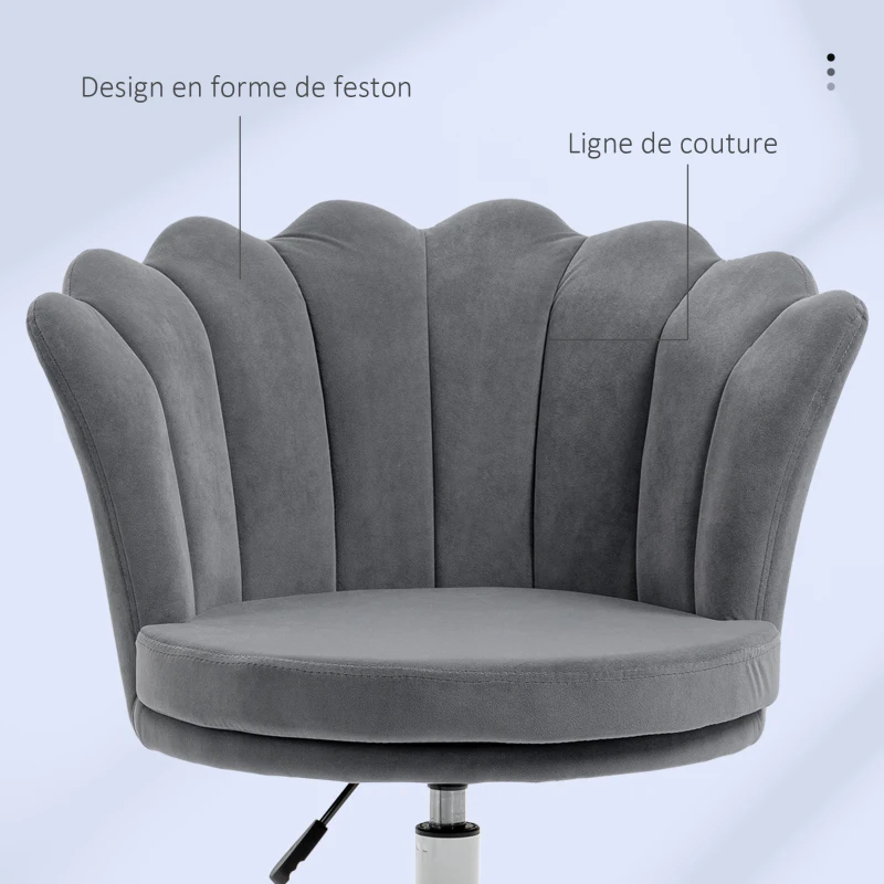Vinsetto Fauteuil chaise de bureau à roulettes hauteur réglable pivotante 360° - forme coquillage - aspect velours gris