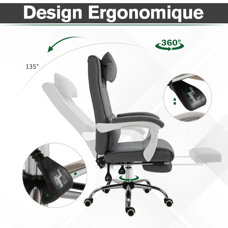 HOMCOM Fauteuil de Bureau Chaise de Bureau Ergonomique avec Repose-Pieds Rétractable, Dossier inclinable, tétière et Soutien des Lombaires, Réglable en Hauteur, en tissu Gris