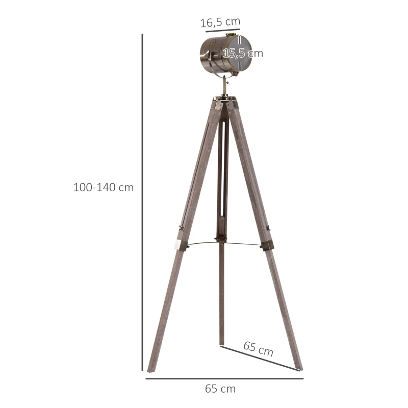 HOMCOM Industrial Tripod Floor Lamp for Living Room, Bedroom, Nautical Searchlight with Adjustable Height, Wood Legs, E12 Lamp Base, Grey and Bronze