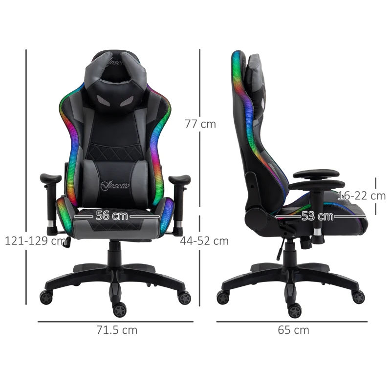 Vinsetto Ergonomic Gaming Chair with RGB LED Light, Lumbar Support, Gamer Recliner, Grey
