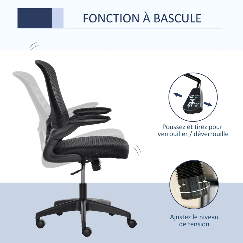 Vinsetto Chaise de Bureau Ergonomique Hauteur réglable pivotante 360° Fonction à Bascule verrouillable Support lombaires Tissu Maille Noir