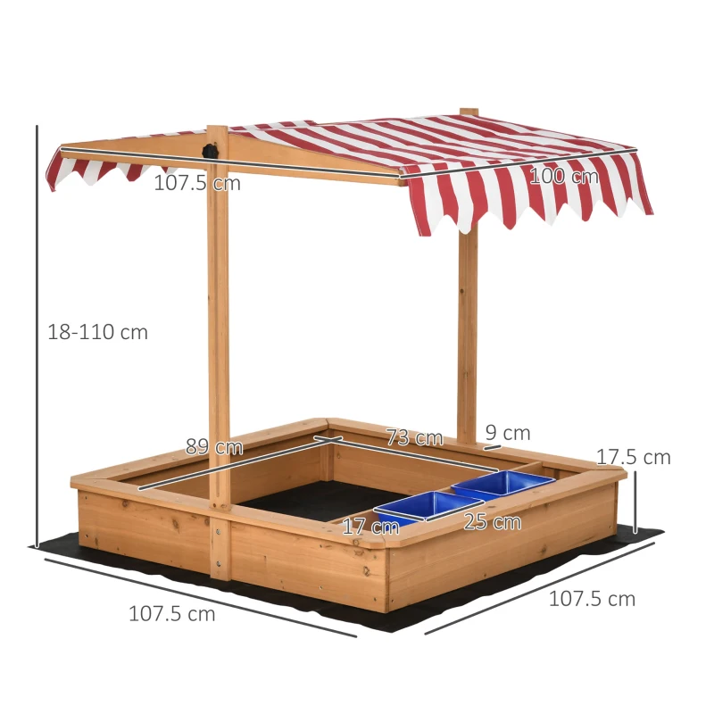 Outsunny Nisipar din Lemn pentru Copii cu Copertina Reglabila in Inaltime, 107.5x107.5x110cm