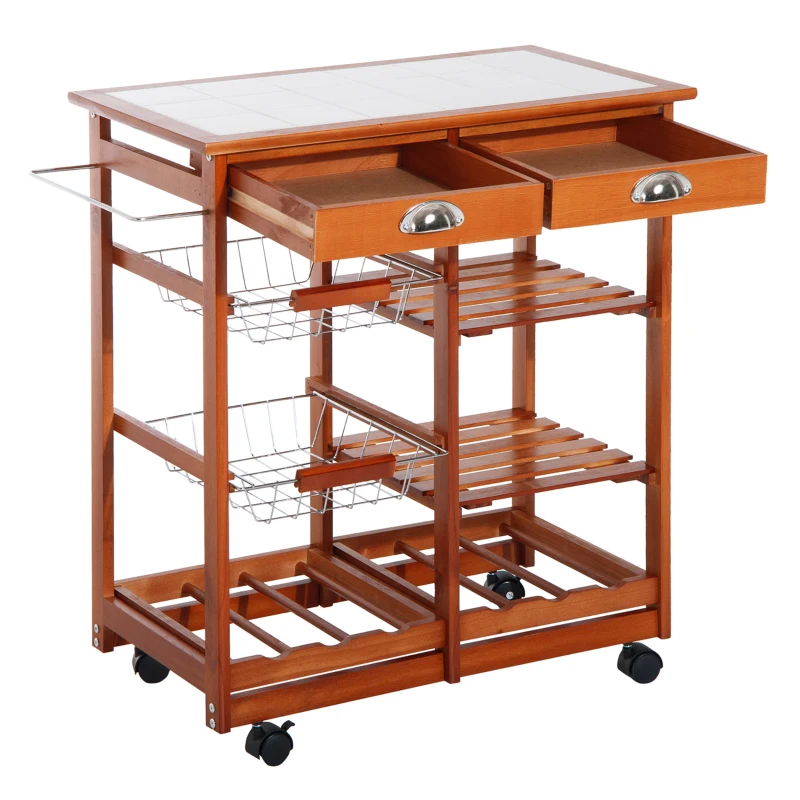 HOMCOM Wooden Kitchen Trolley Rolling Cart Drawers, 3 Shelves, Honey Colour