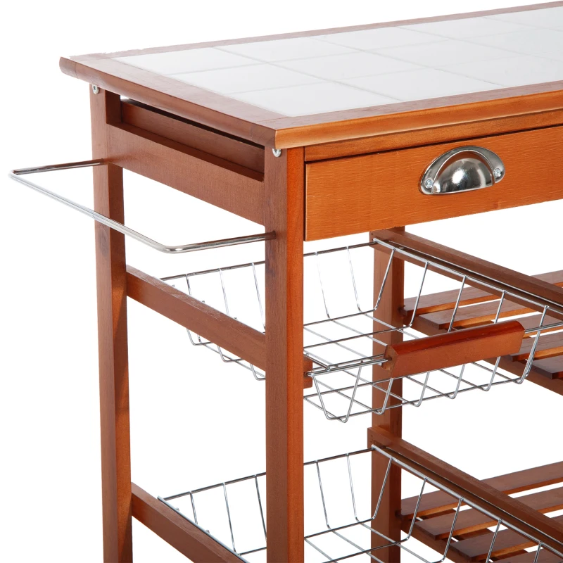 HOMCOM Wooden Kitchen Trolley Rolling Cart Drawers, 3 Shelves, Honey Colour