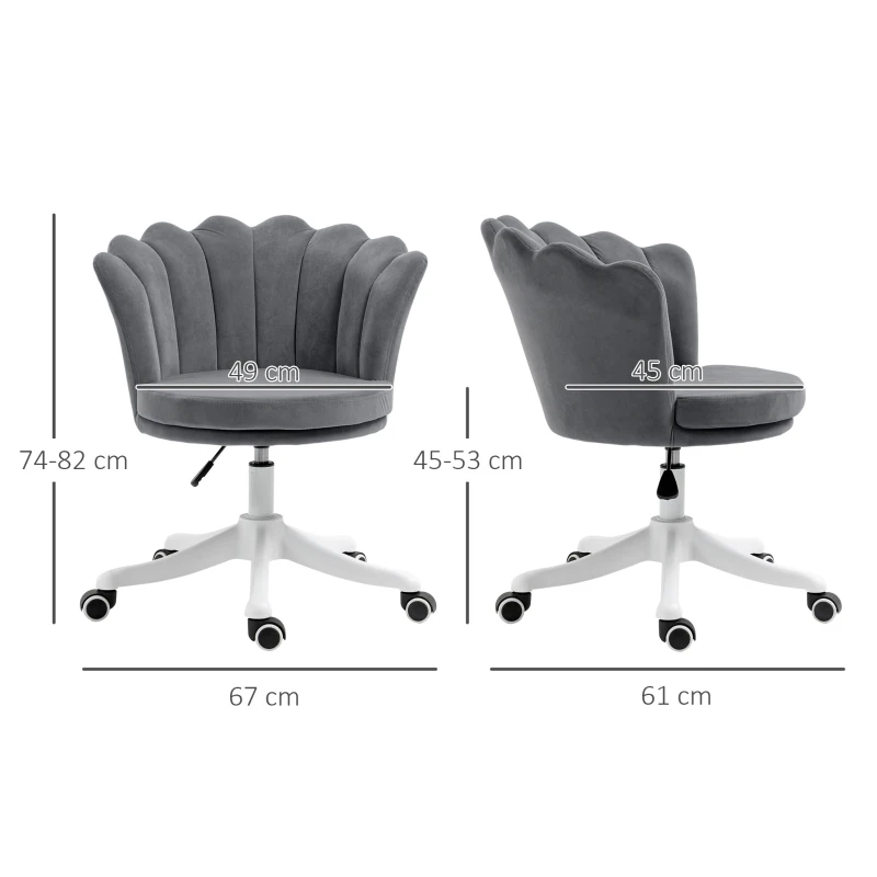 Vinsetto Fauteuil chaise de bureau à roulettes hauteur réglable pivotante 360° - forme coquillage - aspect velours gris