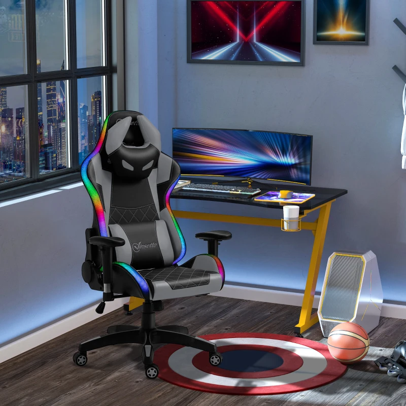 Vinsetto Ergonomic Gaming Chair with RGB LED Light, Lumbar Support, Gamer Recliner, Grey