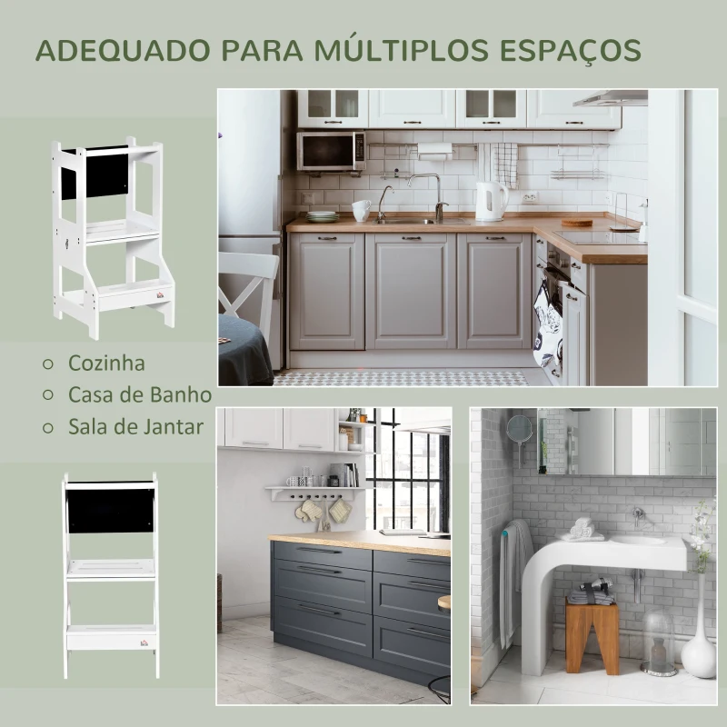 HOMCOM Torre de Aprendizagem para Crianças 3-6 Anos de Madeira Torre de Aprendizagem Infantil Convertível em Secretária com Ardósia e Barra de Segurança para Casa de Banho Cozinha 42x44x86cm Branco