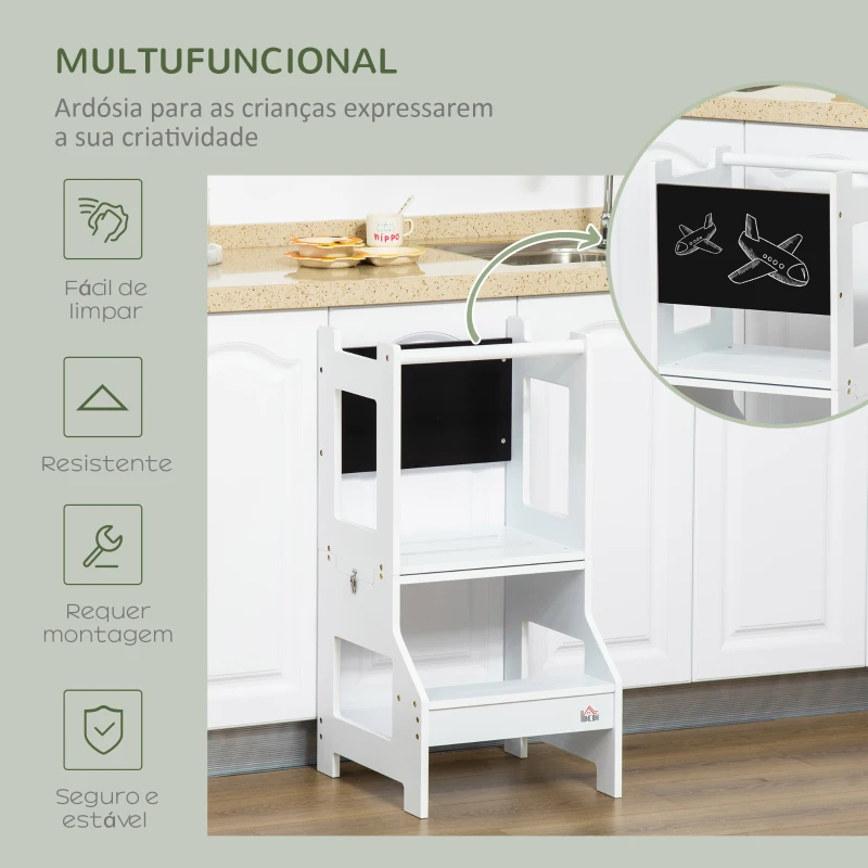 HOMCOM Torre de Aprendizagem para Crianças 3-6 Anos de Madeira Torre de Aprendizagem Infantil Convertível em Secretária com Ardósia e Barra de Segurança para Casa de Banho Cozinha 42x44x86cm Branco