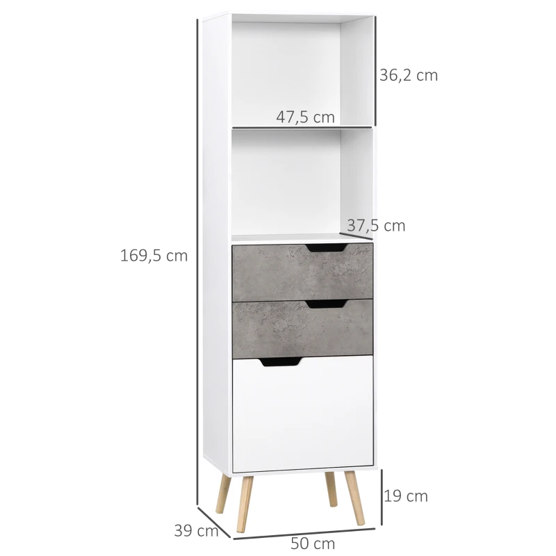 HOMCOM Estante com 2 Prateleiras Abertas e 3 Gavetas Armário de Sala de Estar de Estilo Moderno 50x39x169,5cm Branco Cinza