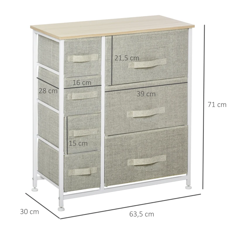 HOMCOM Cómoda com 7 Gavetas de Tecido Cómoda de Armazenamento Multifuncional para Dormitório Sala de Estar Corredor 63,5x30x71cm Cinza