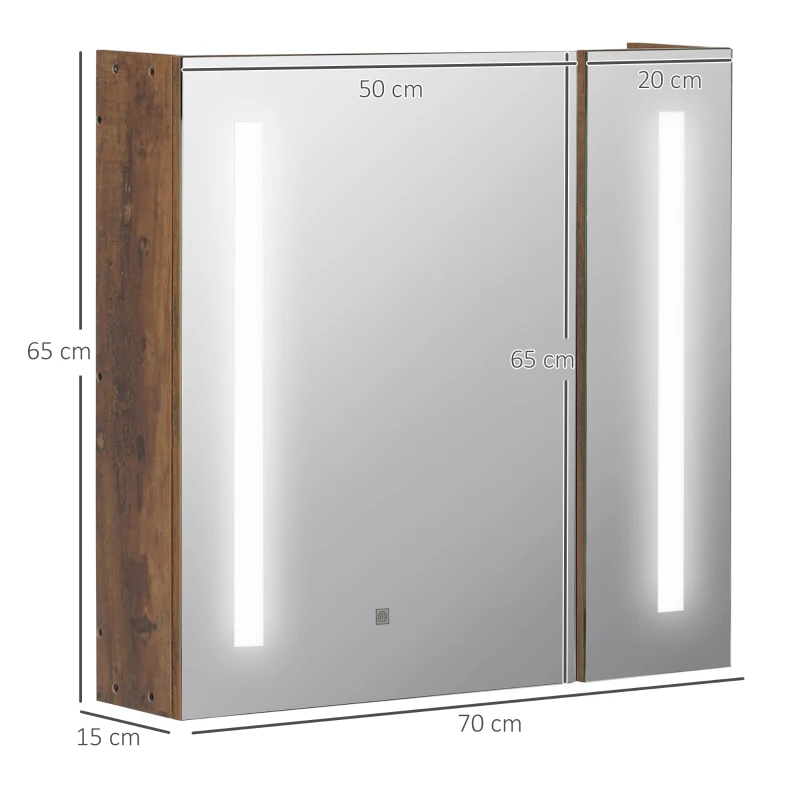 kleankin Armário com Espelho de Casa de Banho com Luz LED Suspenso 2 Portas e Interruptor Tátil Estilo Moderno 70x15x65cm Marrom Rústico