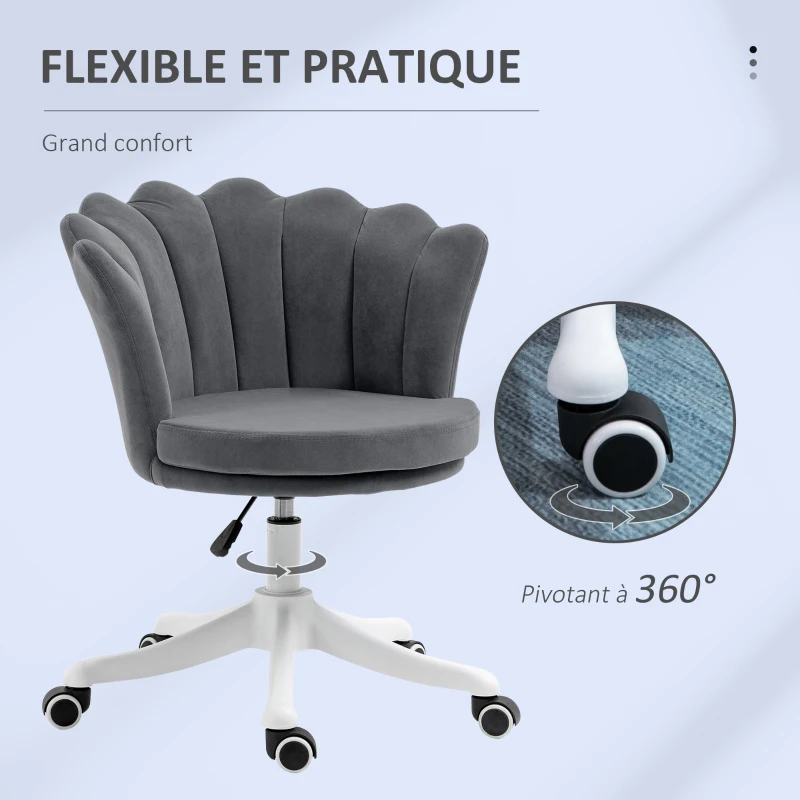 Vinsetto Fauteuil chaise de bureau à roulettes hauteur réglable pivotante 360° - forme coquillage - aspect velours gris