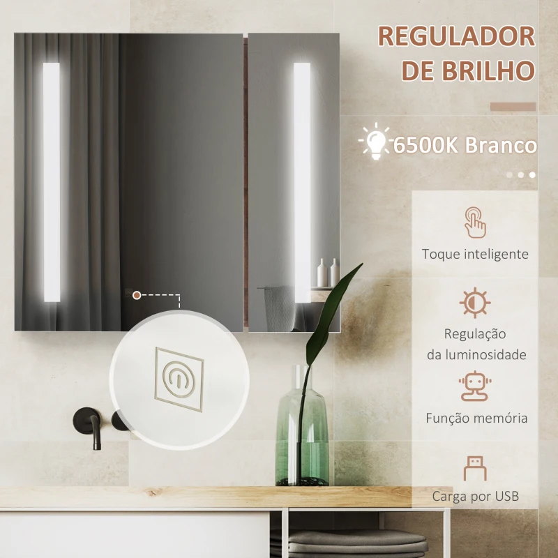 kleankin Armário com Espelho de Casa de Banho com Luz LED Suspenso 2 Portas e Interruptor Tátil Estilo Moderno 70x15x65cm Marrom Rústico
