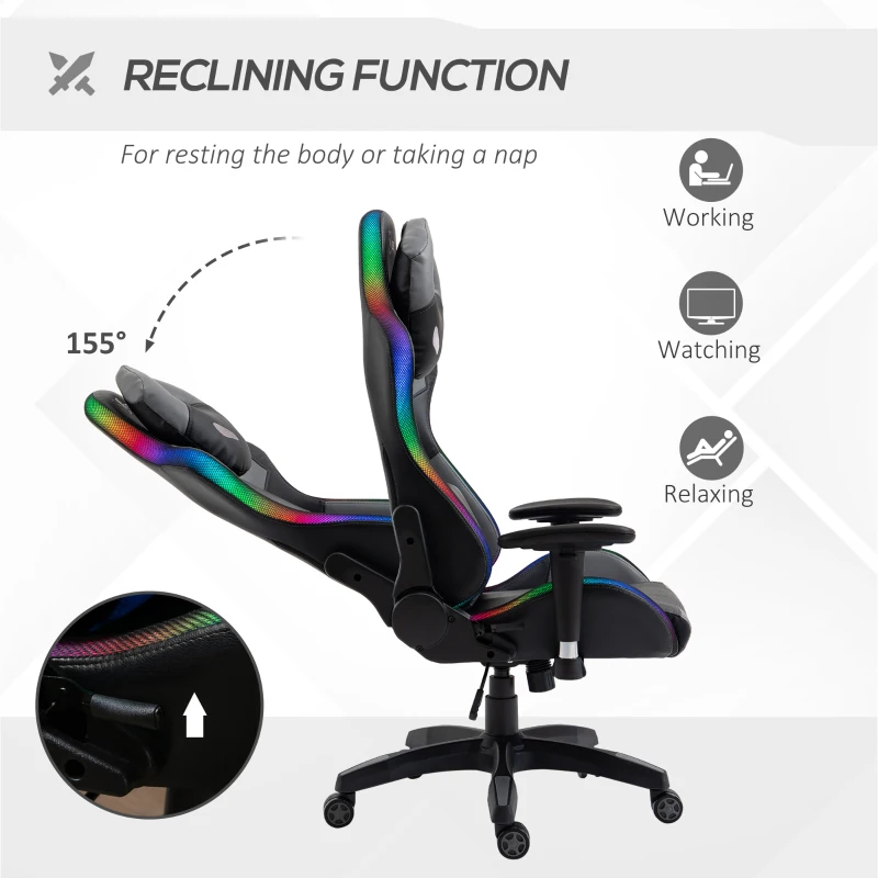 Vinsetto Ergonomic Gaming Chair with RGB LED Light, Lumbar Support, Gamer Recliner, Grey